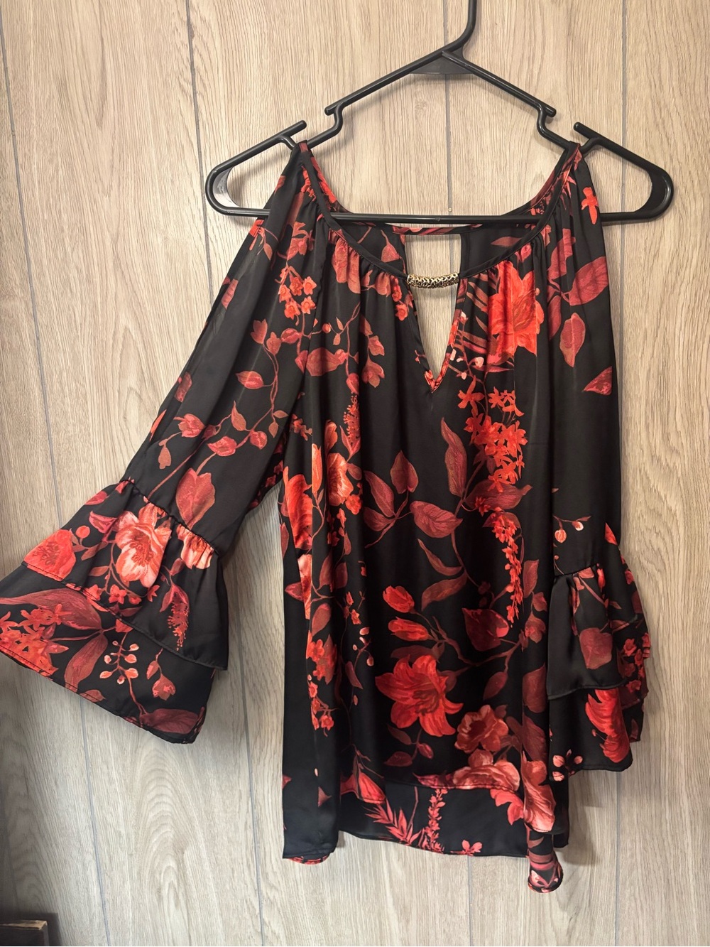 A. Byer Black & Red Floral Cold Shoulder Blouse — Size Medium